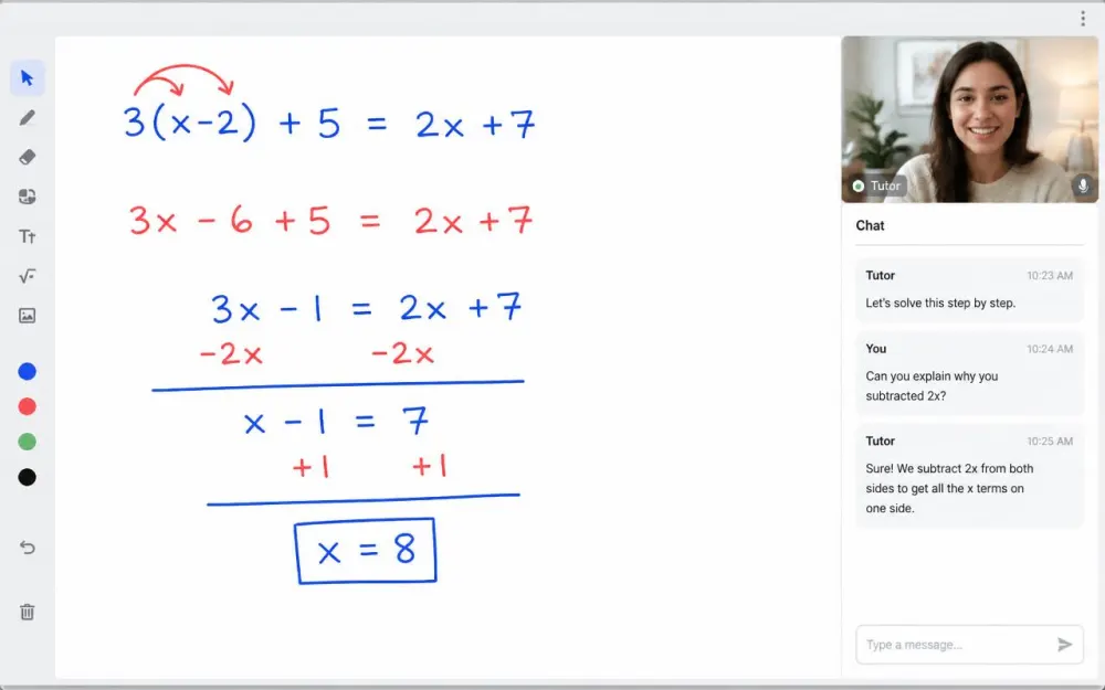 Live shared whiteboard — your child solves problems with the tutor, not just watches.
