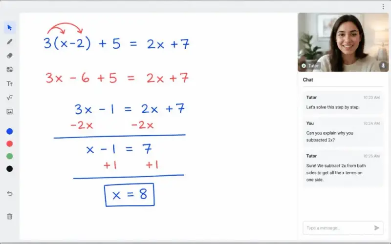 Live shared whiteboard — your child solves problems with the tutor, not just watches.